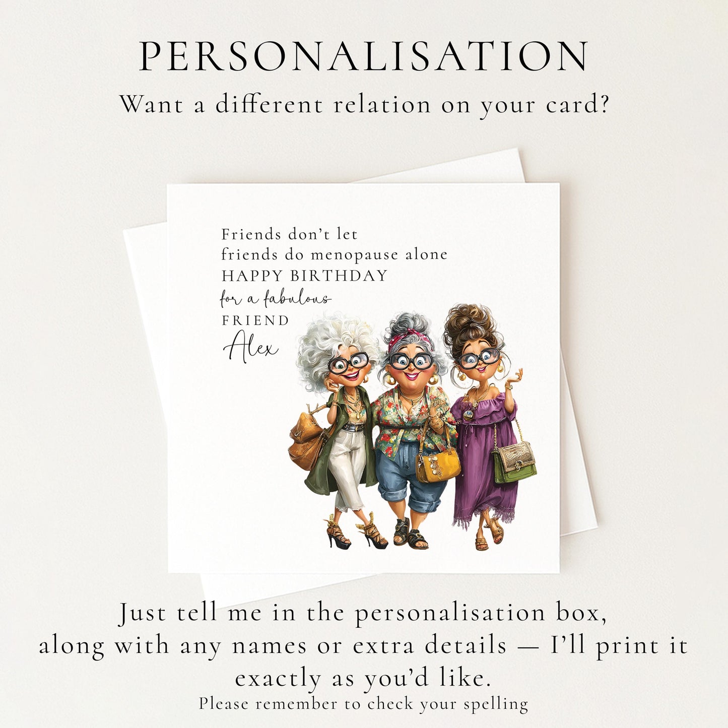 Funny Menopause Card, Funny Menopause Card, Personalised Name Design, Fabulous Friends Illustration, Lighthearted Greeting