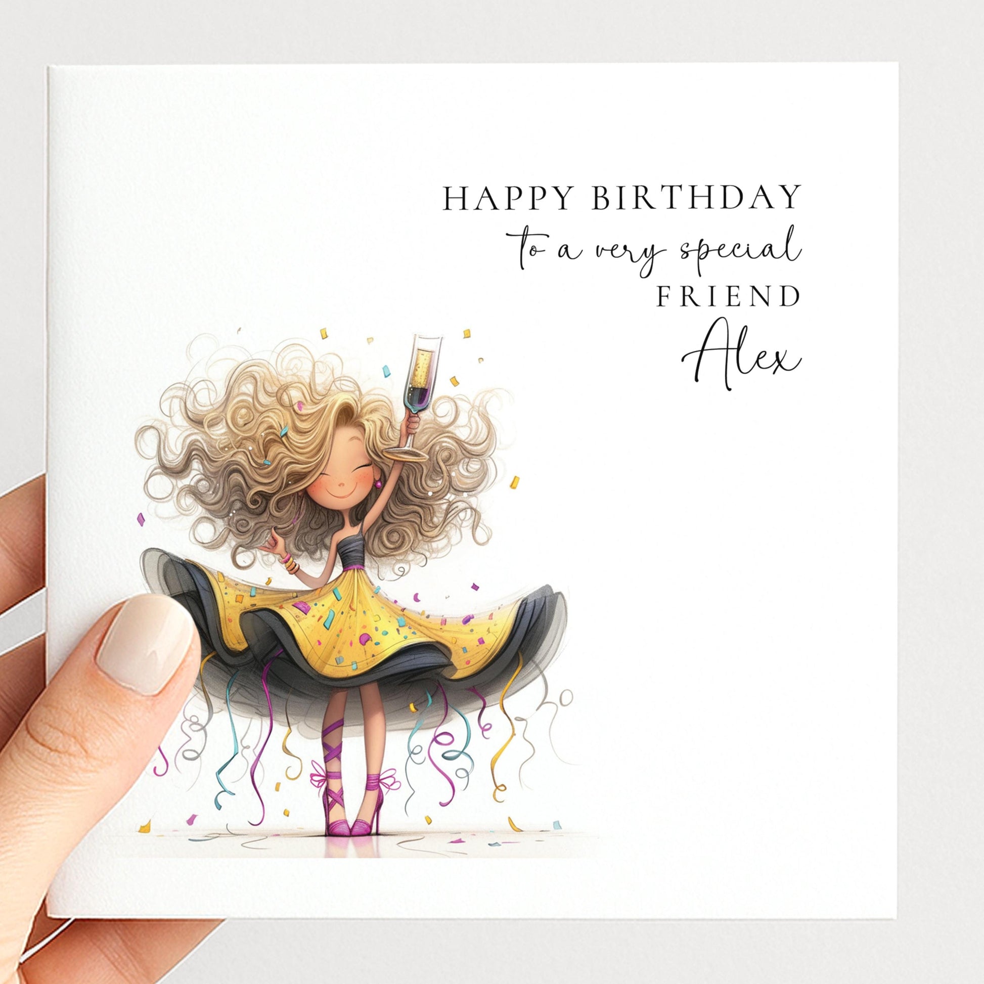 Birthday Card for Friend, Personalised Sparkle Birthday Card for Her, Fun Party Girl Birthday Card, Custom Name Printed Card, Celebration