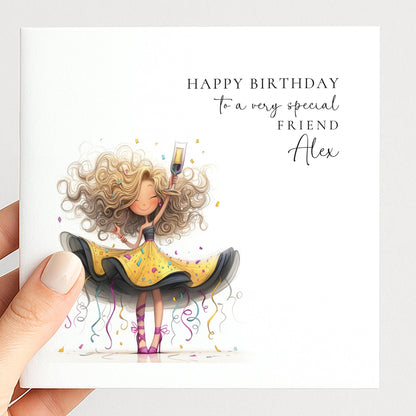 Birthday Card for Friend, Personalised Sparkle Birthday Card for Her, Fun Party Girl Birthday Card, Custom Name Printed Card, Celebration
