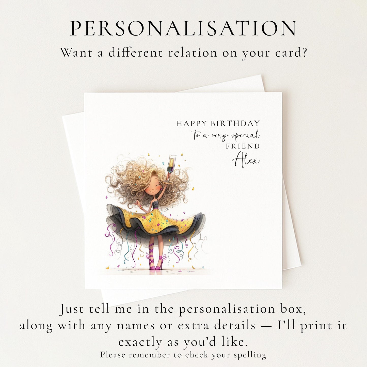 Birthday Card for Friend, Personalised Sparkle Birthday Card for Her, Fun Party Girl Birthday Card, Custom Name Printed Card, Celebration