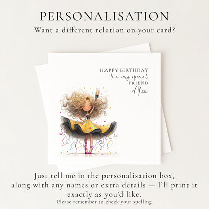 Birthday Card for Friend, Personalised Sparkle Birthday Card for Her, Fun Party Girl Birthday Card, Custom Name Printed Card, Celebration