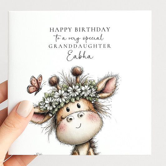 Personalised Birthday Card for Granddaughter, Cute Giraffe Birthday Card, Floral Animal Birthday Card, Granddaughter Card