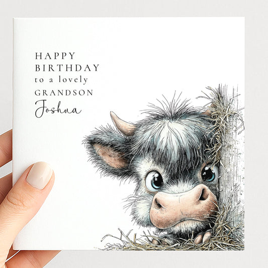 Grandson Birthday Card, Personalised Grandson Card, Cute Highland Cow Birthday Card, Farm Animal Birthday Card, Birthday Card for Grandchild