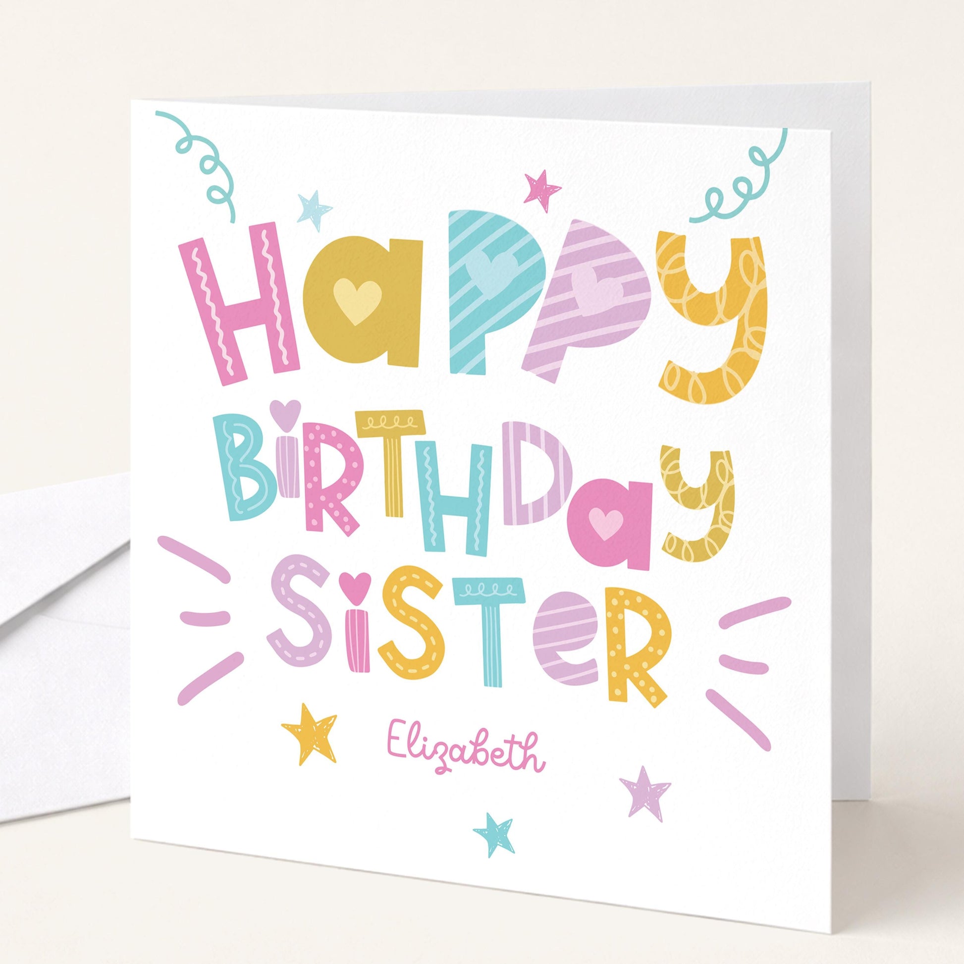 Sister Birthday Card Personalised, Happy Birthday Sister Card, Colourful Fun Typography Card, Cute Sister Card, Custom Name Card