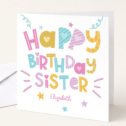Sister Birthday Card Personalised, Happy Birthday Sister Card, Colourful Fun Typography Card, Cute Sister Card, Custom Name Card