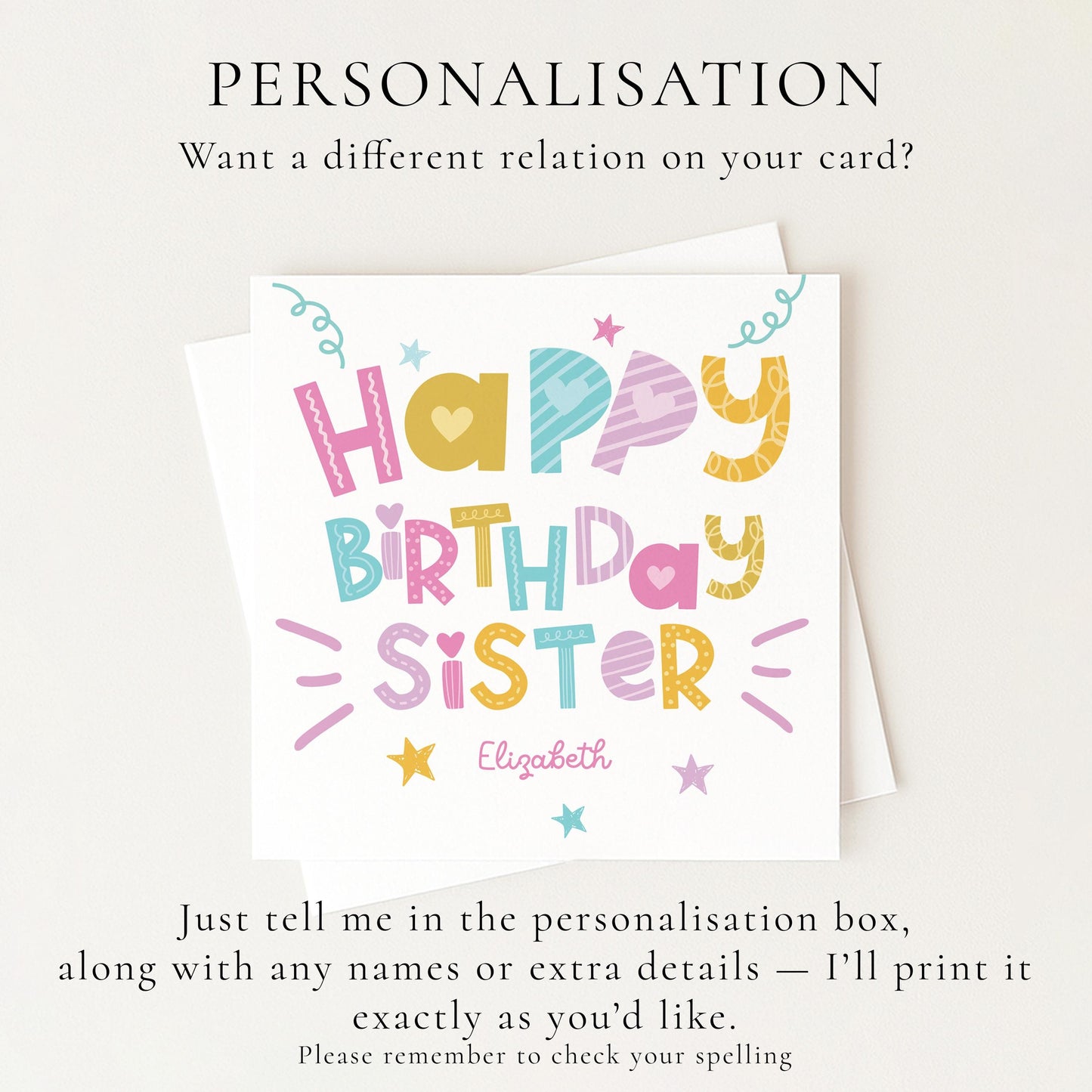 Sister Birthday Card Personalised, Happy Birthday Sister Card, Colourful Fun Typography Card, Cute Sister Card, Custom Name Card