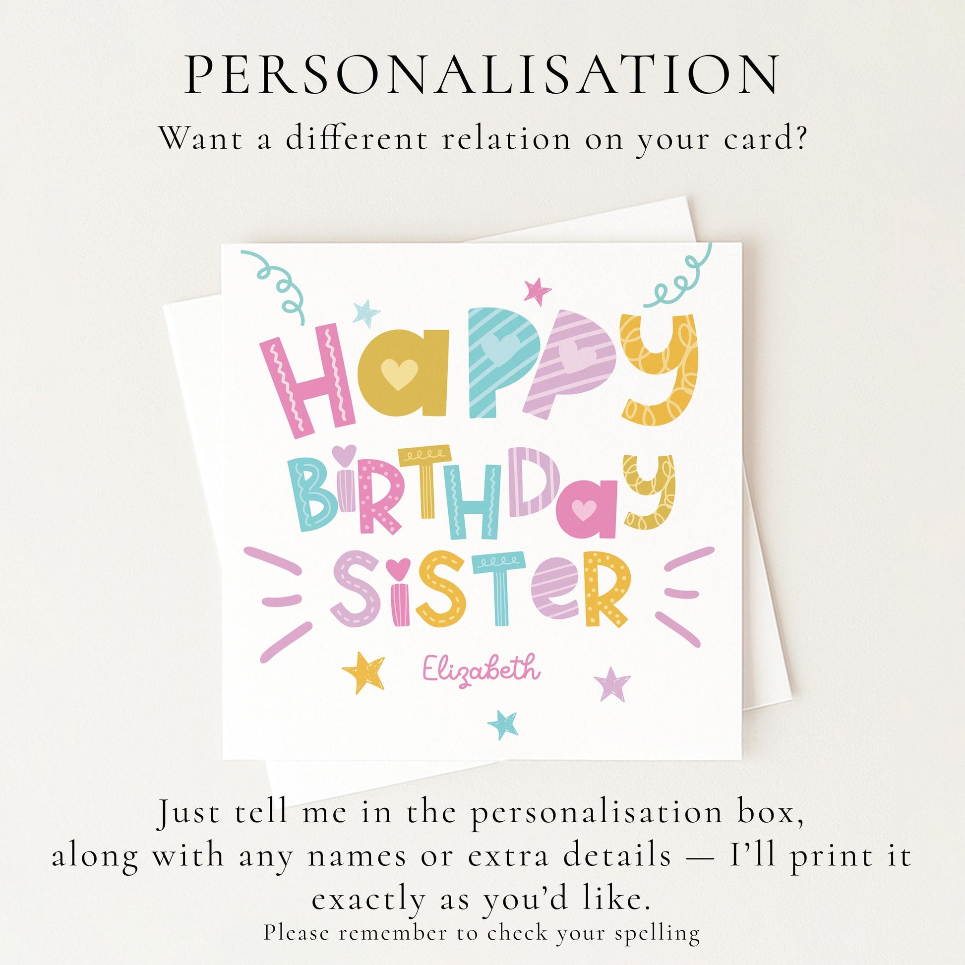 Sister Birthday Card Personalised, Happy Birthday Sister Card, Colourful Fun Typography Card, Cute Sister Card, Custom Name Card