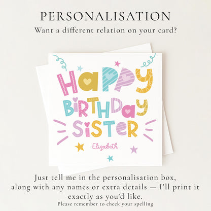Sister Birthday Card Personalised, Happy Birthday Sister Card, Colourful Fun Typography Card, Cute Sister Card, Custom Name Card