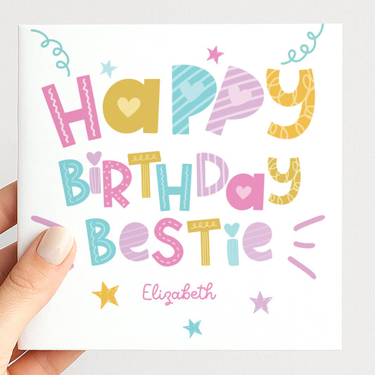 Personalised Birthday Card, Happy Birthday Bestie Card, Colourful Fun Birthday Card, Custom Name Birthday Card, Bright Modern Card