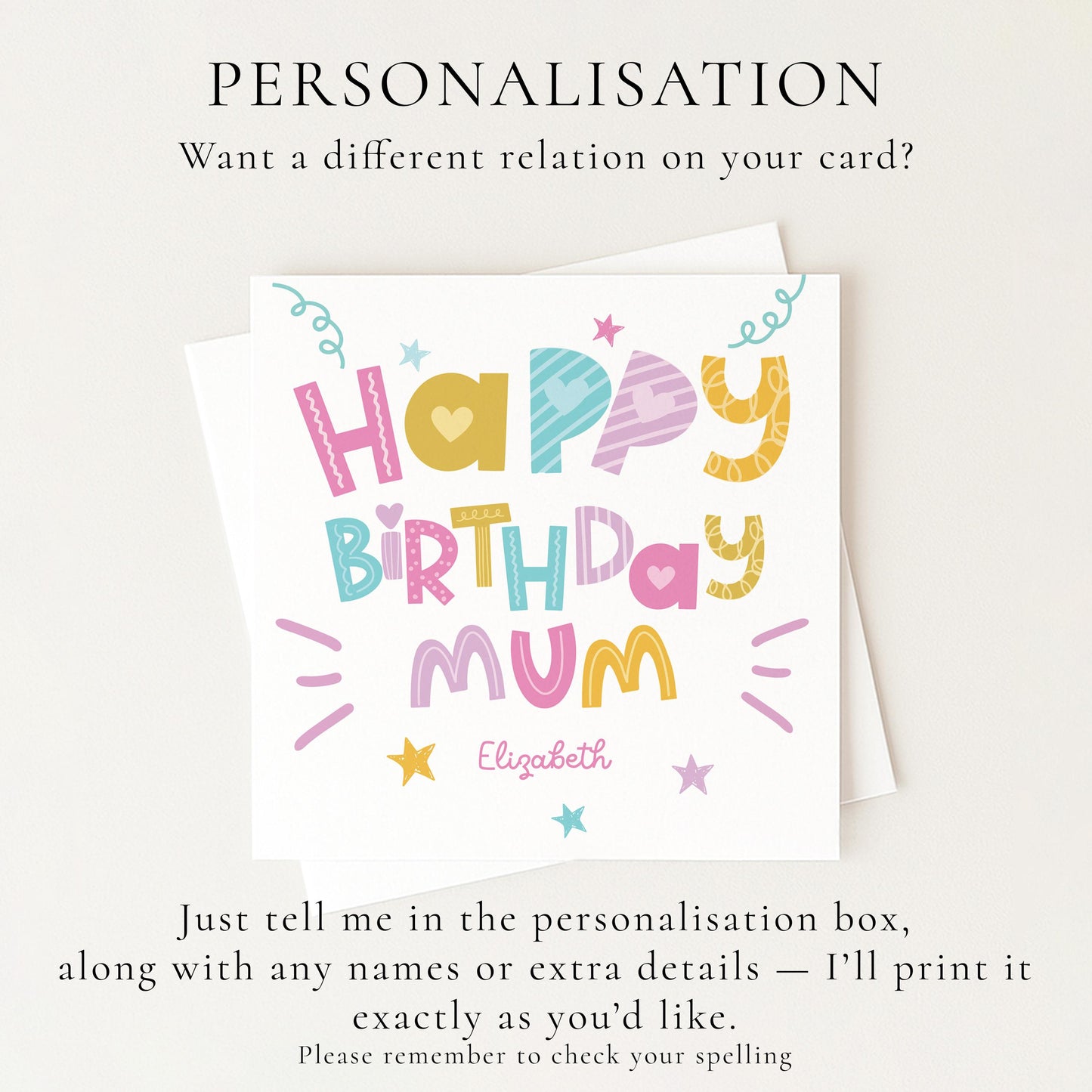 Birthday Card for Mum, Personalised Mum Birthday Card, Colourful Happy Birthday Mum Card, Custom Name Mum Card, Fun Modern Card