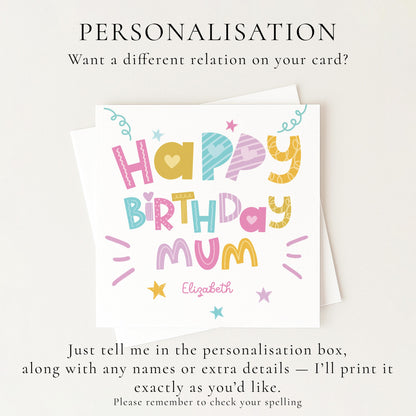 Birthday Card for Mum, Personalised Mum Birthday Card, Colourful Happy Birthday Mum Card, Custom Name Mum Card, Fun Modern Card