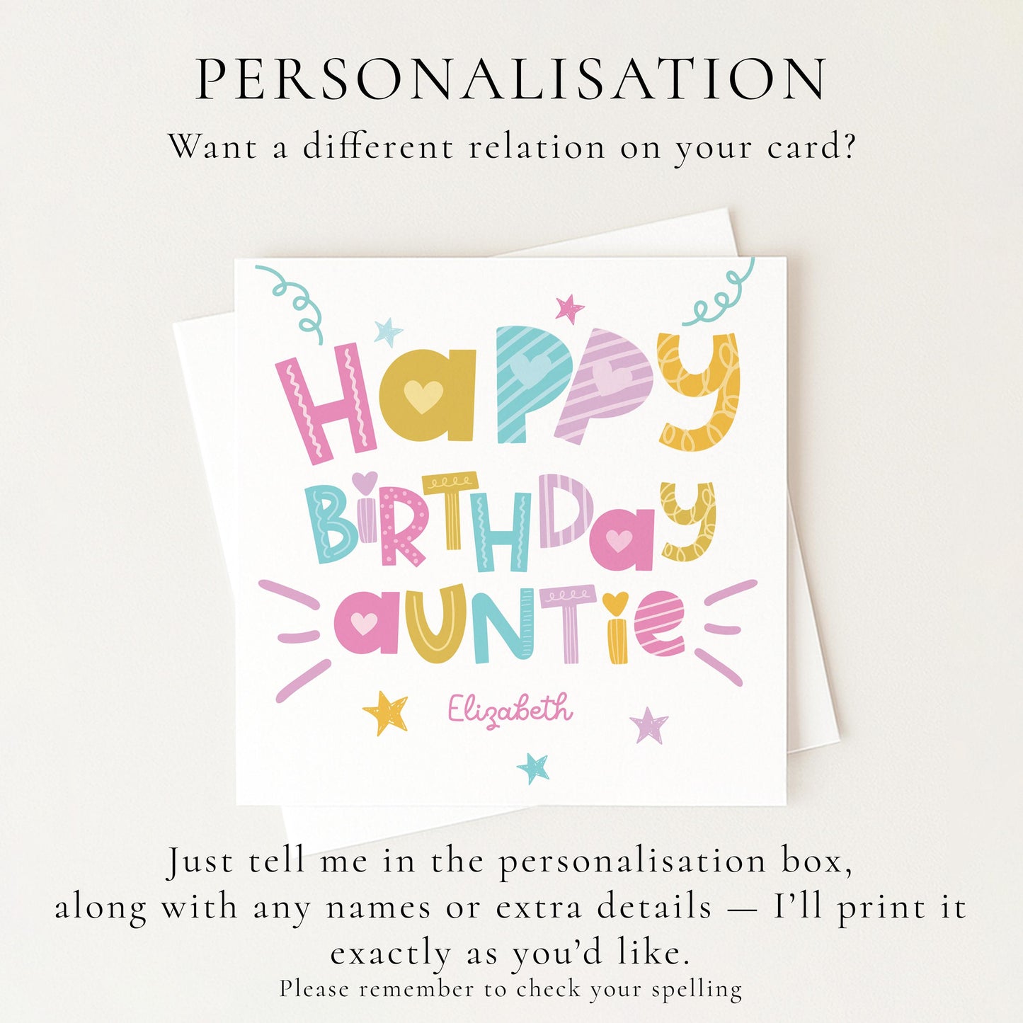 Birthday Card for Auntie, Personalised Auntie Birthday Card, Colourful Happy Birthday Auntie Card, Custom Name Card for Auntie