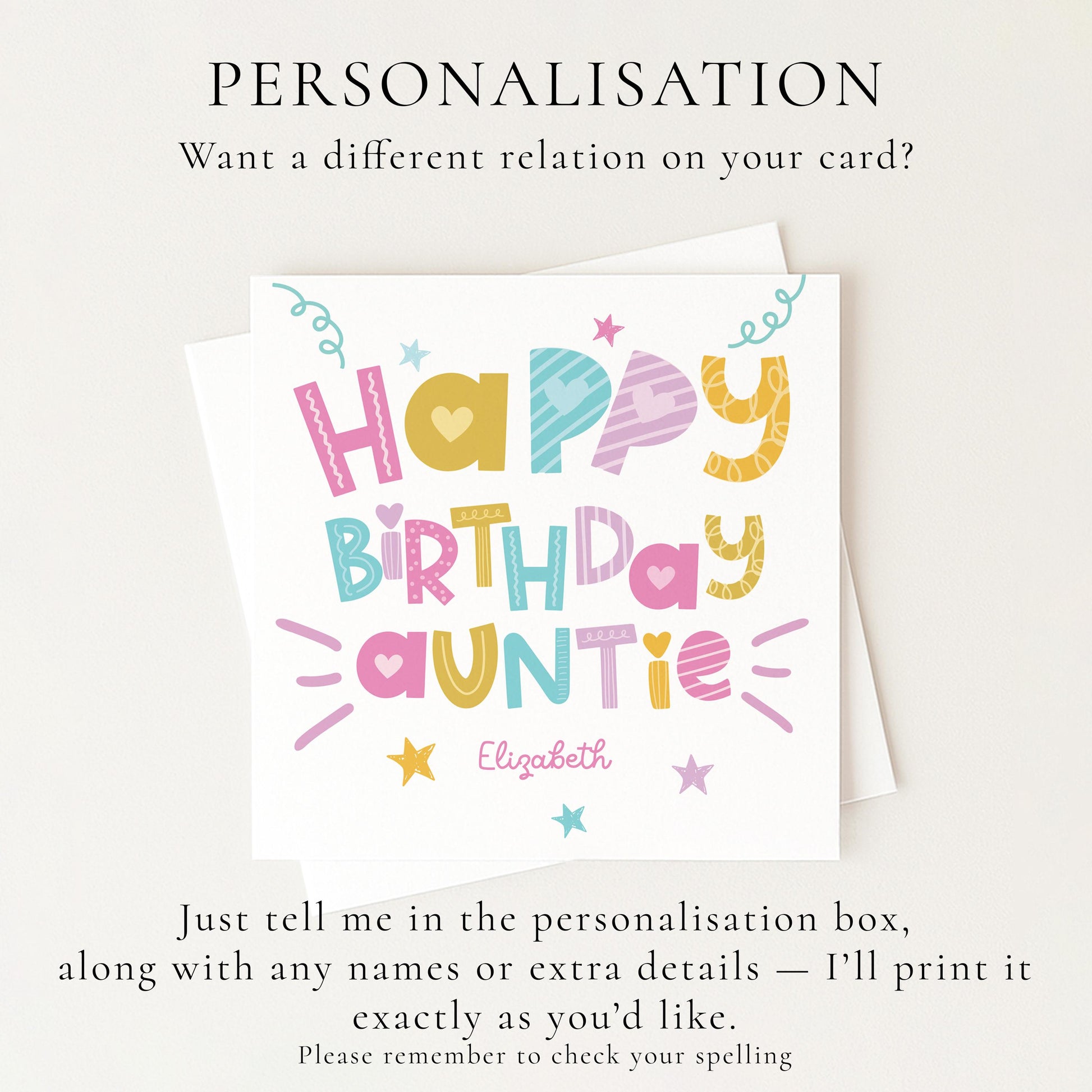 Birthday Card for Auntie, Personalised Auntie Birthday Card, Colourful Happy Birthday Auntie Card, Custom Name Card for Auntie