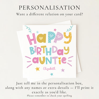 Birthday Card for Auntie, Personalised Auntie Birthday Card, Colourful Happy Birthday Auntie Card, Custom Name Card for Auntie