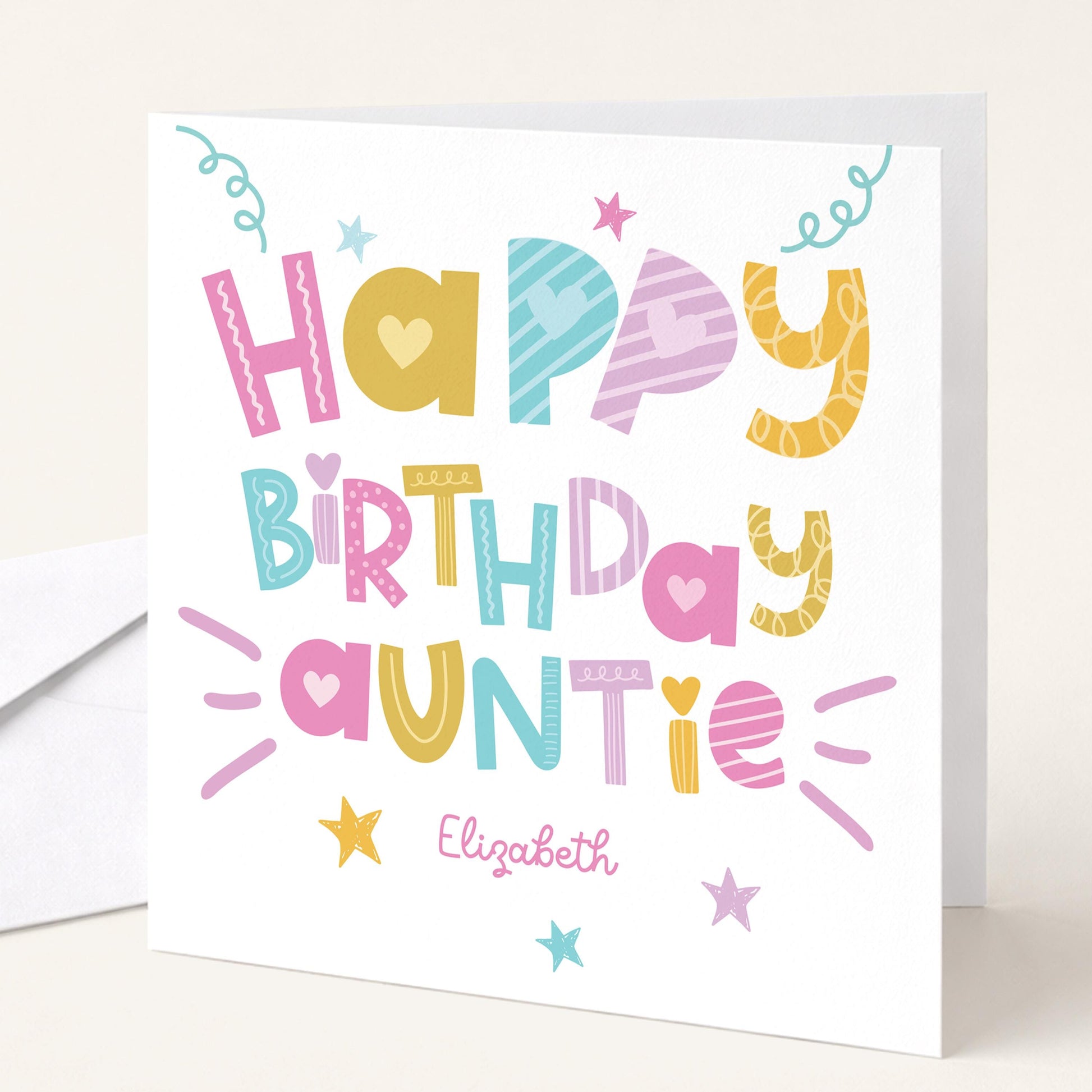 Birthday Card for Auntie, Personalised Auntie Birthday Card, Colourful Happy Birthday Auntie Card, Custom Name Card for Auntie