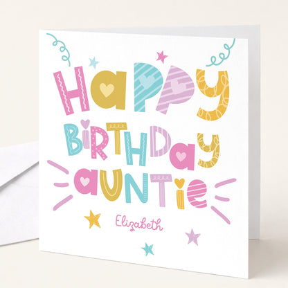 Birthday Card for Auntie, Personalised Auntie Birthday Card, Colourful Happy Birthday Auntie Card, Custom Name Card for Auntie