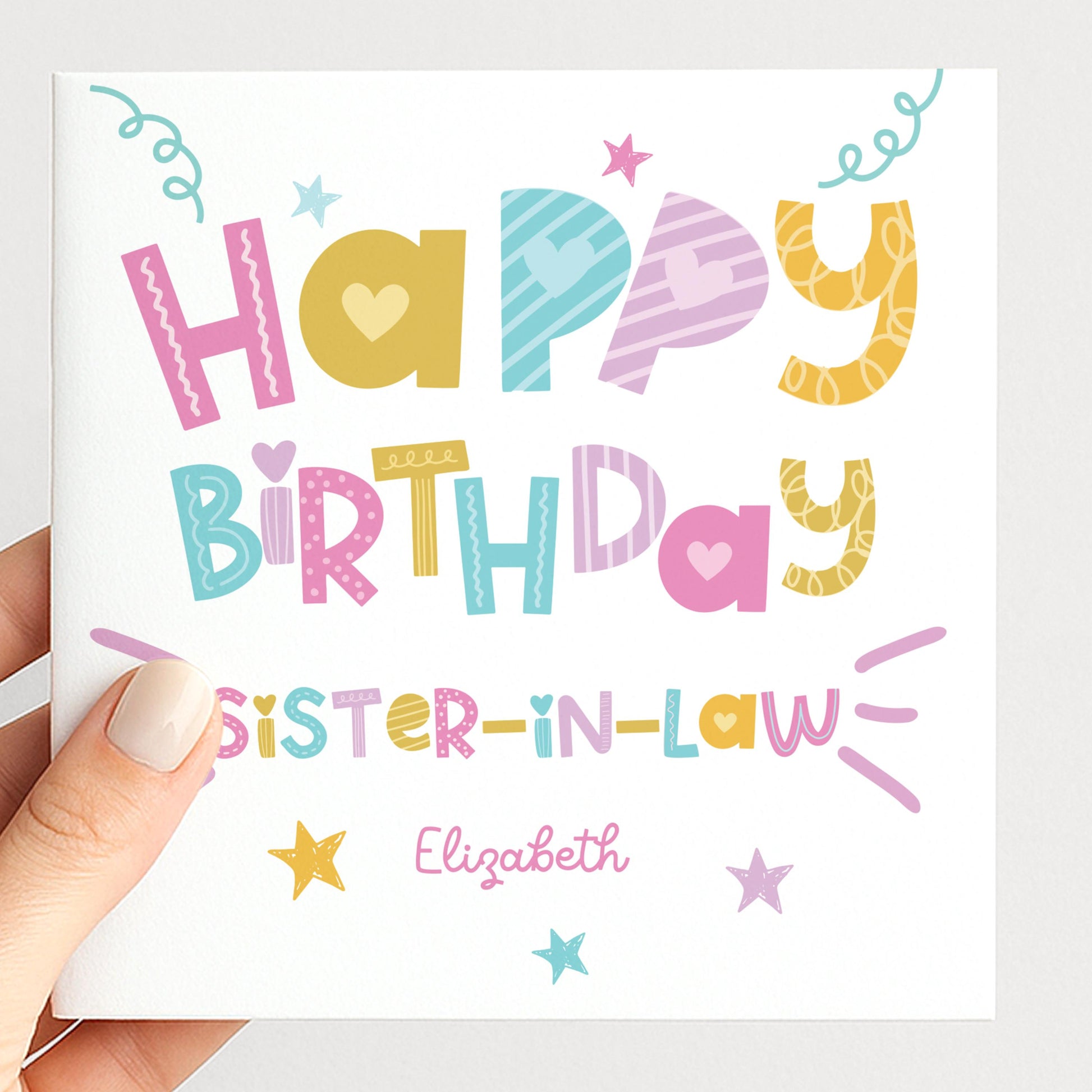 Birthday Card for Sister in Law, Personalised Sister in Law Birthday Card, Colourful Happy Birthday Sister in Law Card, Custom Name Card