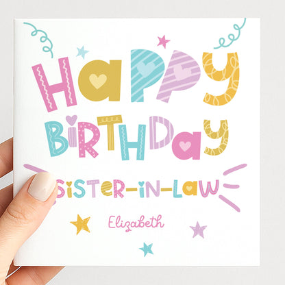 Birthday Card for Sister in Law, Personalised Sister in Law Birthday Card, Colourful Happy Birthday Sister in Law Card, Custom Name Card