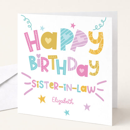 Birthday Card for Sister in Law, Personalised Sister in Law Birthday Card, Colourful Happy Birthday Sister in Law Card, Custom Name Card