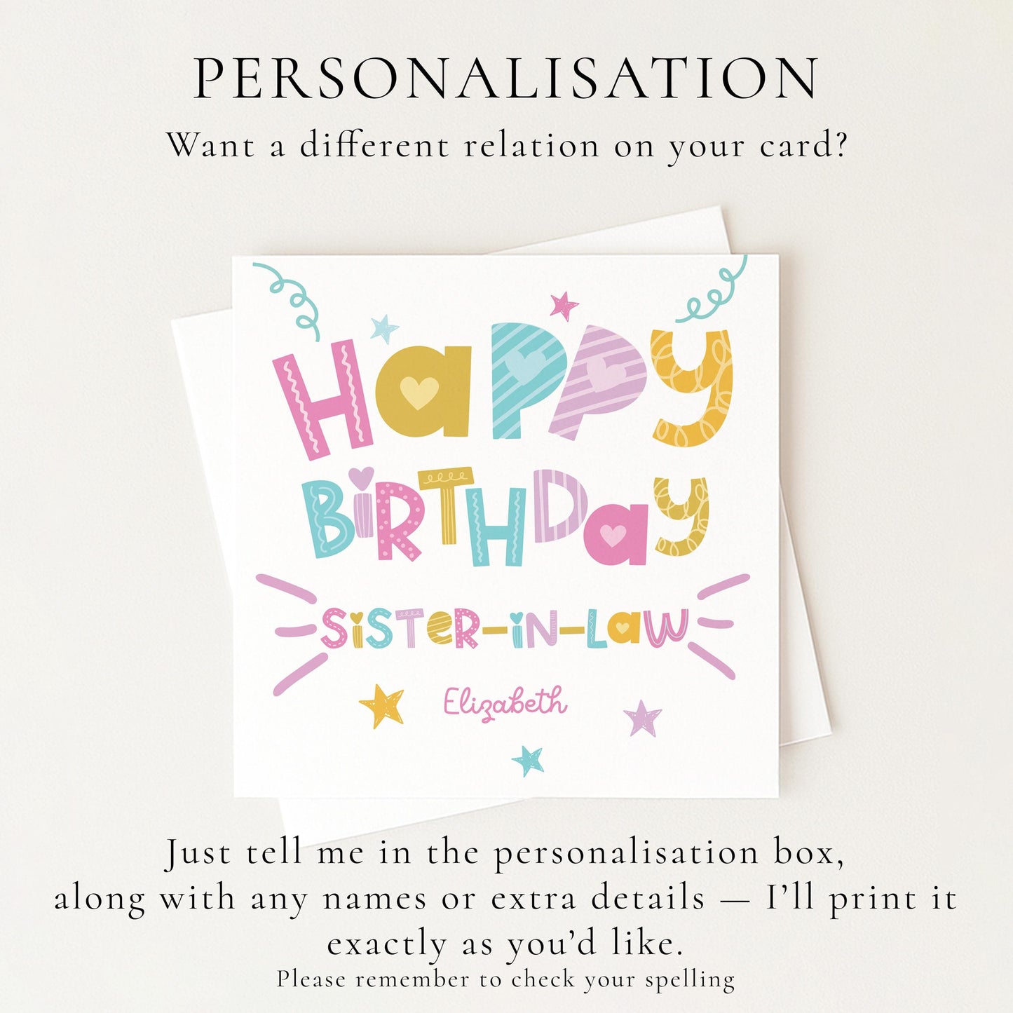 Birthday Card for Sister in Law, Personalised Sister in Law Birthday Card, Colourful Happy Birthday Sister in Law Card, Custom Name Card