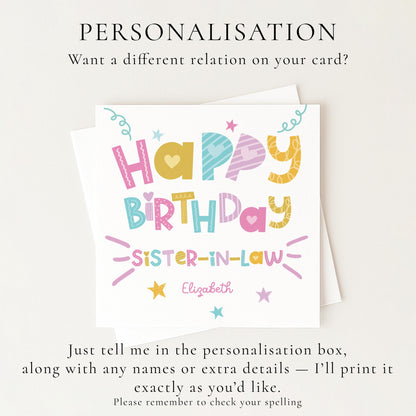 Birthday Card for Sister in Law, Personalised Sister in Law Birthday Card, Colourful Happy Birthday Sister in Law Card, Custom Name Card
