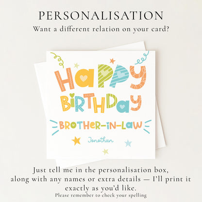 Birthday Card for Brother in Law, Personalised Brother in Law Birthday Card, Colourful Happy Birthday Brother in Law Card