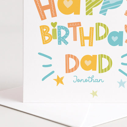 Birthday Card for Dad, Personalised Dad Birthday Card, Colourful Happy Birthday Dad Card, Custom Name Card for Dad