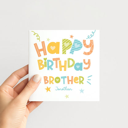 Birthday Card for Brother, Personalised Brother Birthday Card, Colourful Happy Birthday Brother Card, Custom Name Card