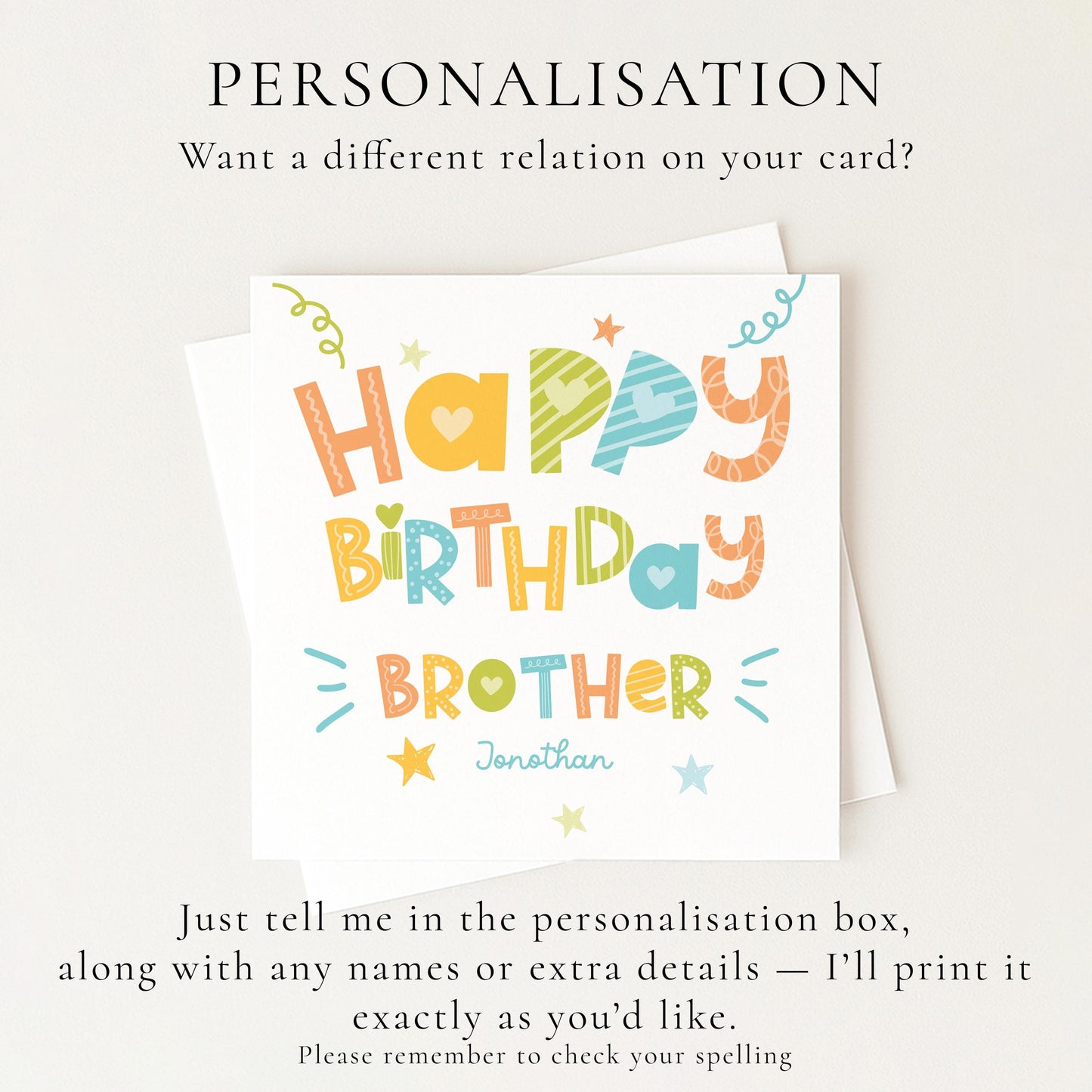 Birthday Card for Brother, Personalised Brother Birthday Card, Colourful Happy Birthday Brother Card, Custom Name Card