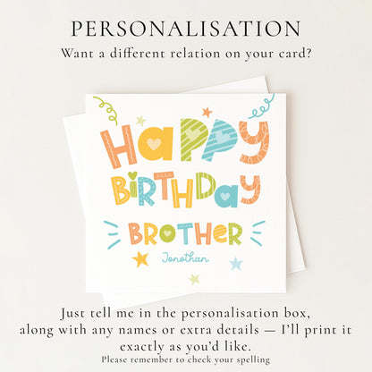 Birthday Card for Brother, Personalised Brother Birthday Card, Colourful Happy Birthday Brother Card, Custom Name Card