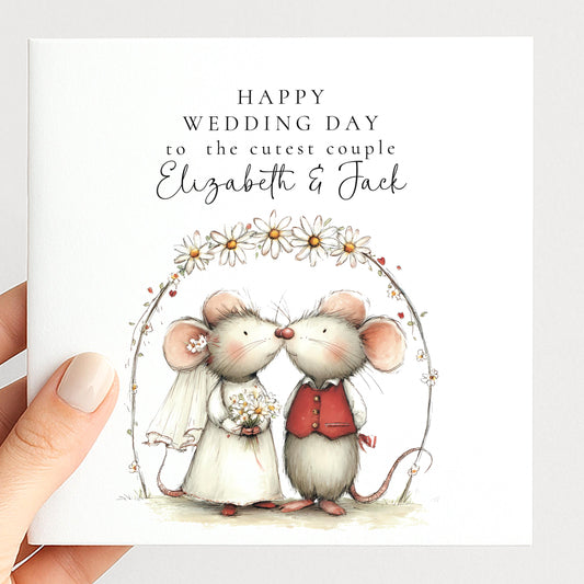Wedding Card for Couple, Personalised Wedding Day Card, Cute Bride and Groom Mice Card, Romantic Wedding Card with Names