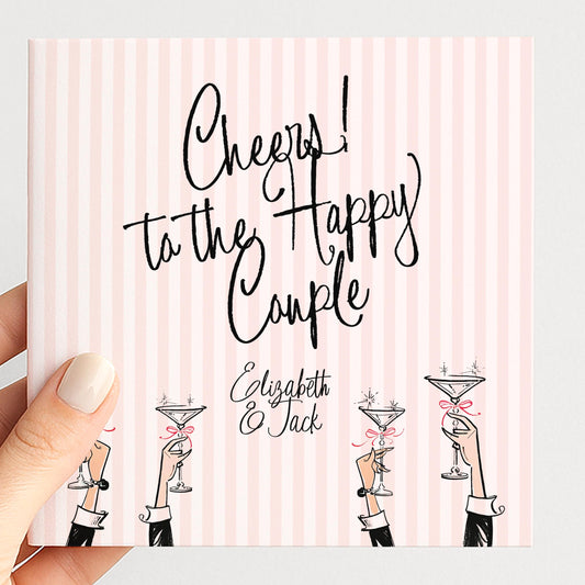 Wedding Card for Couple, Personalised Cheers to the Happy Couple Card, Modern Retro Pink Striped Wedding Congratulations Card