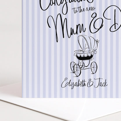 New Baby Card for Mum and Dad, Personalised Congratulations New Parents Card, Retro Blue Striped Baby Boy Card