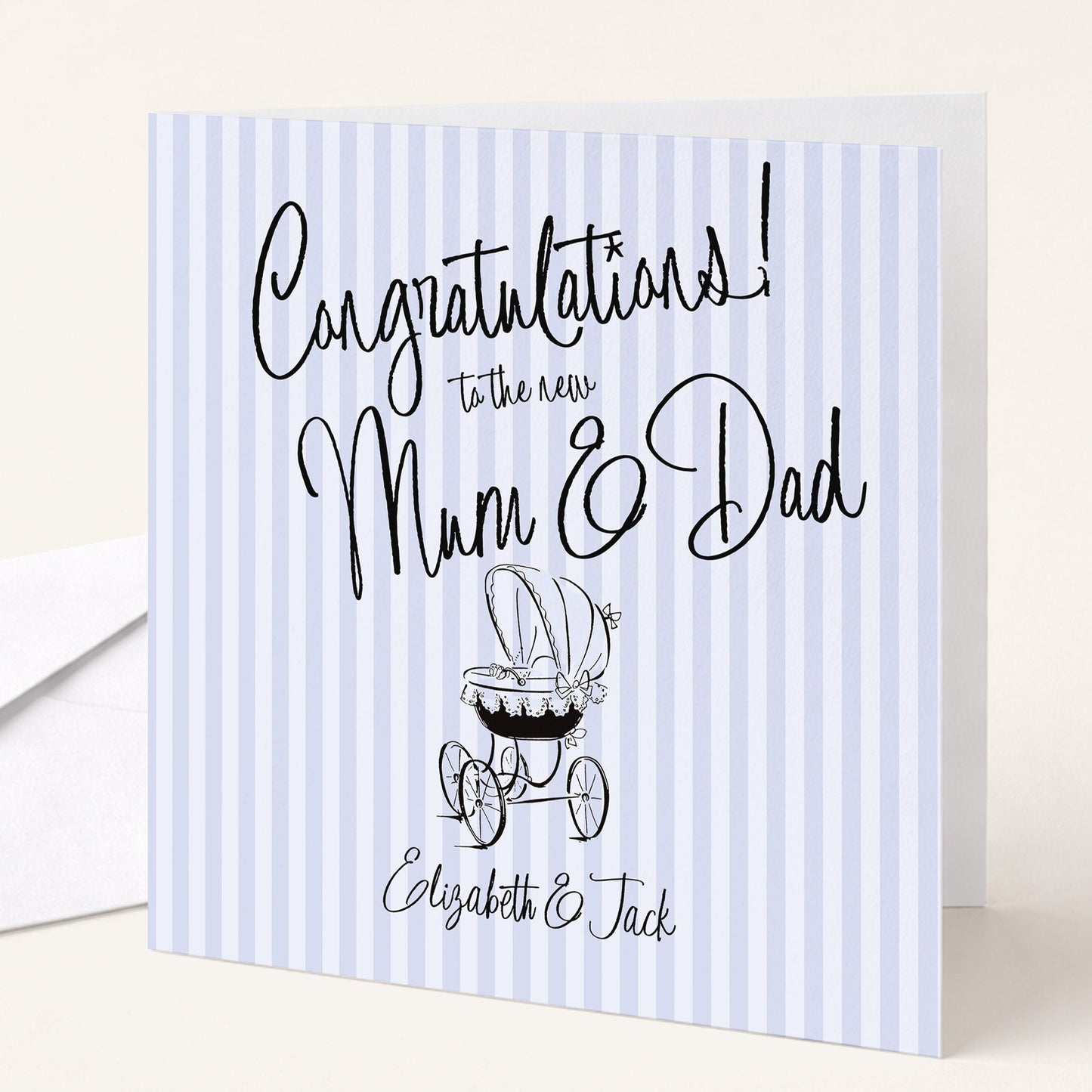 New Baby Card for Mum and Dad, Personalised Congratulations New Parents Card, Retro Blue Striped Baby Boy Card