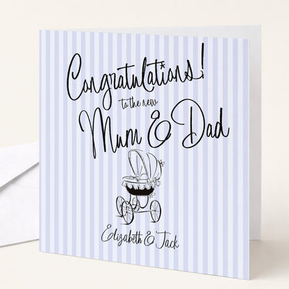 New Baby Card for Mum and Dad, Personalised Congratulations New Parents Card, Retro Blue Striped Baby Boy Card