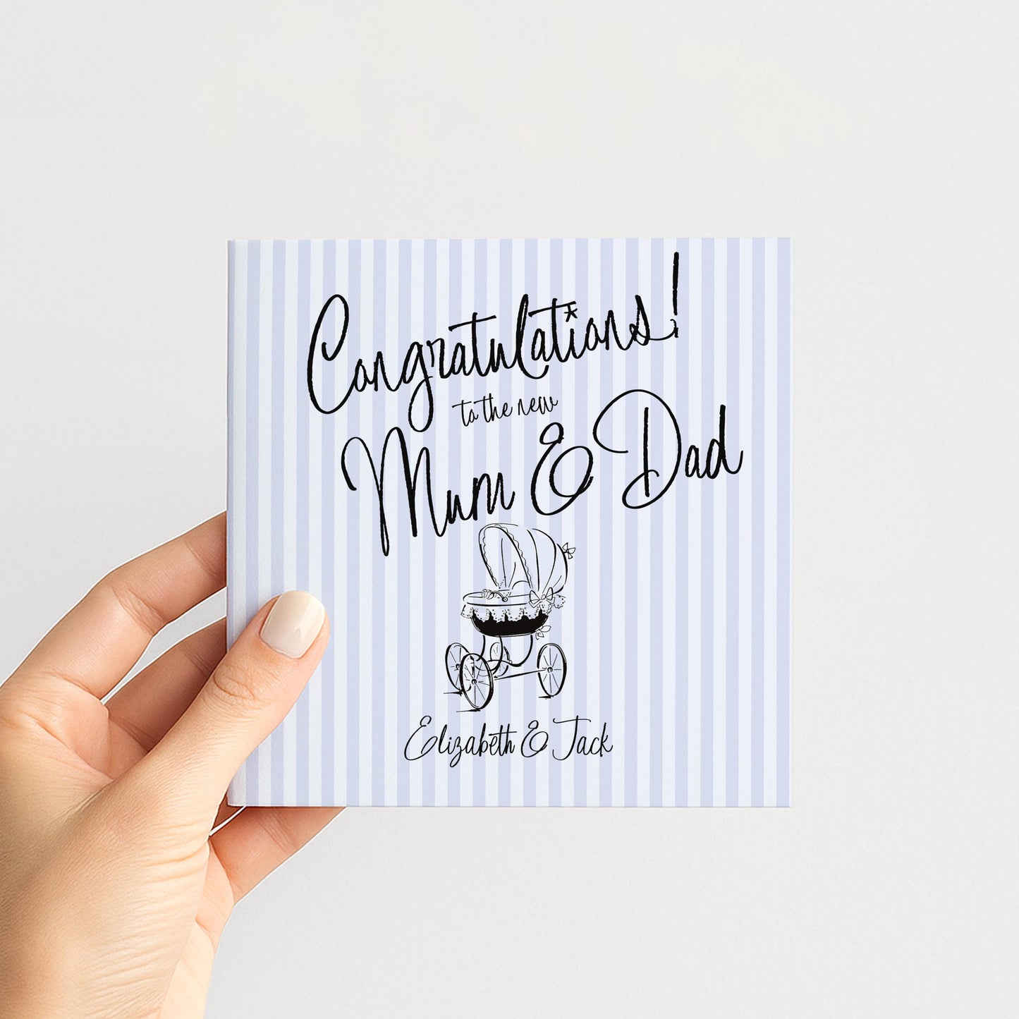 New Baby Card for Mum and Dad, Personalised Congratulations New Parents Card, Retro Blue Striped Baby Boy Card