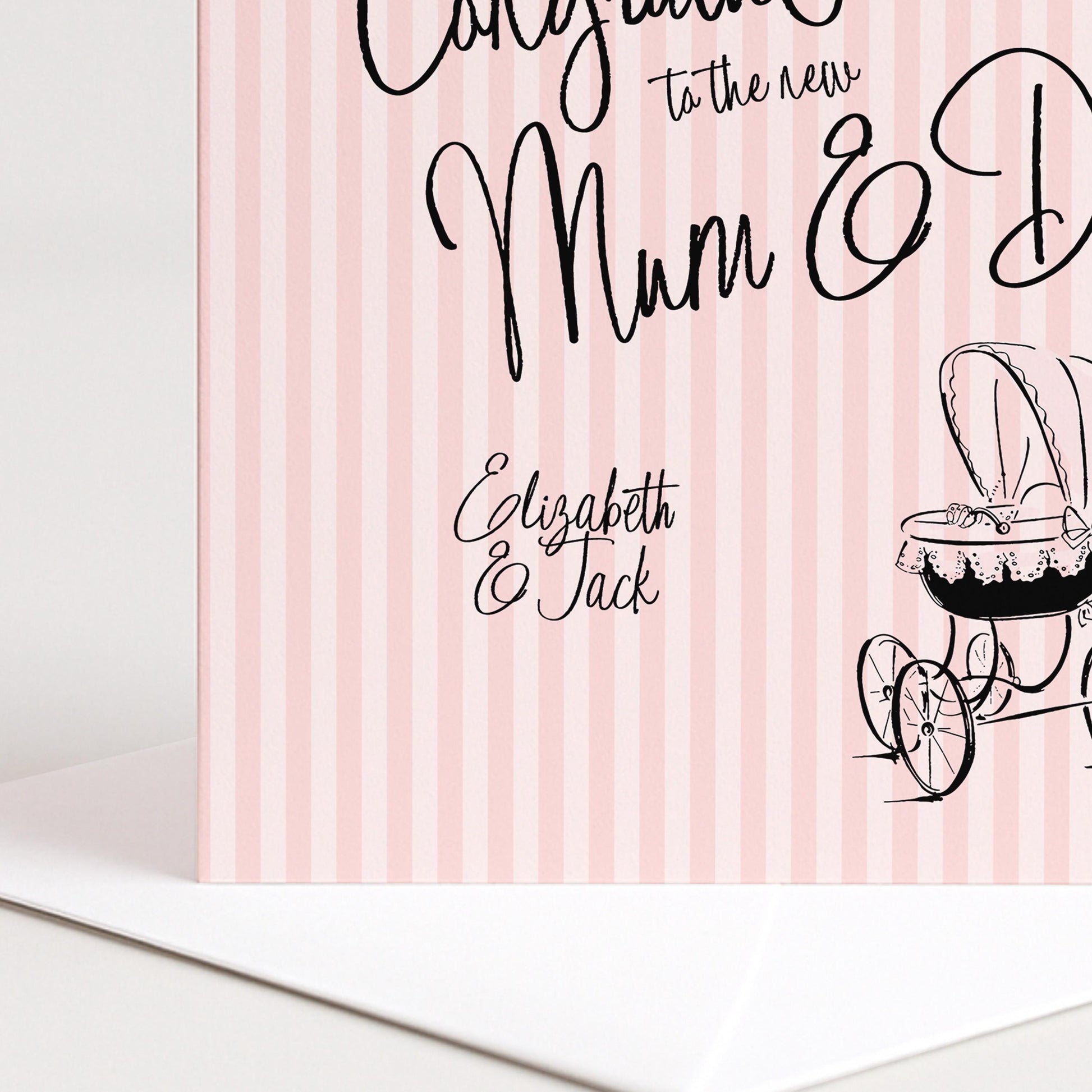 New Baby Girl Card for Mum and Dad, Personalised Congratulations New Parents Card, Retro Pink Striped Baby Card