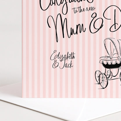 New Baby Girl Card for Mum and Dad, Personalised Congratulations New Parents Card, Retro Pink Striped Baby Card