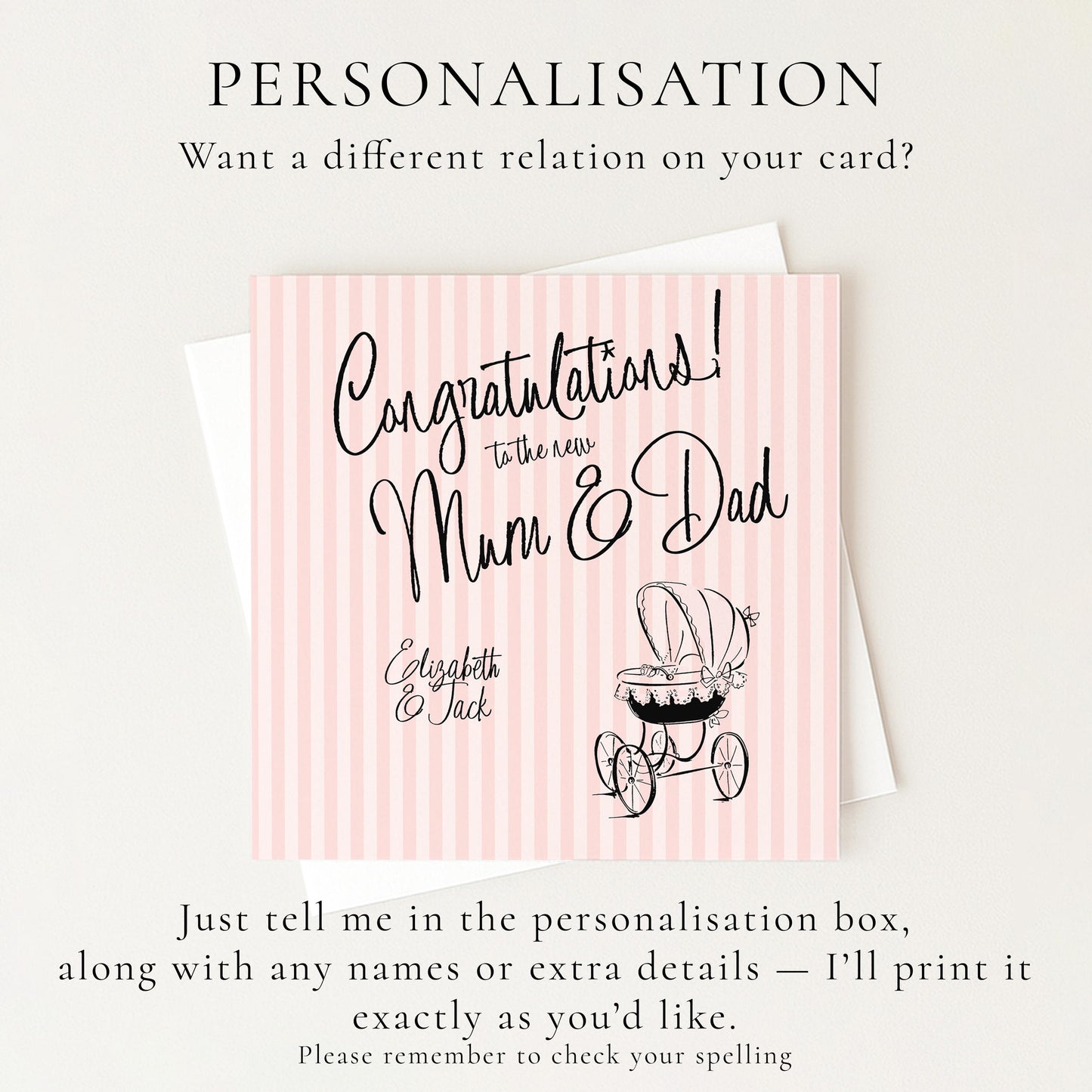 New Baby Girl Card for Mum and Dad, Personalised Congratulations New Parents Card, Retro Pink Striped Baby Card