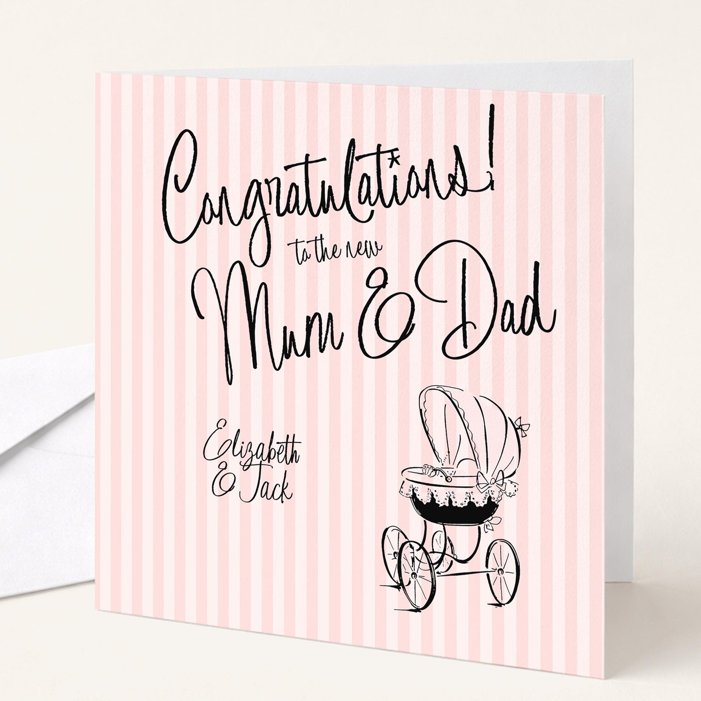 New Baby Girl Card for Mum and Dad, Personalised Congratulations New Parents Card, Retro Pink Striped Baby Card