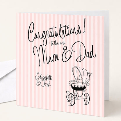 New Baby Girl Card for Mum and Dad, Personalised Congratulations New Parents Card, Retro Pink Striped Baby Card