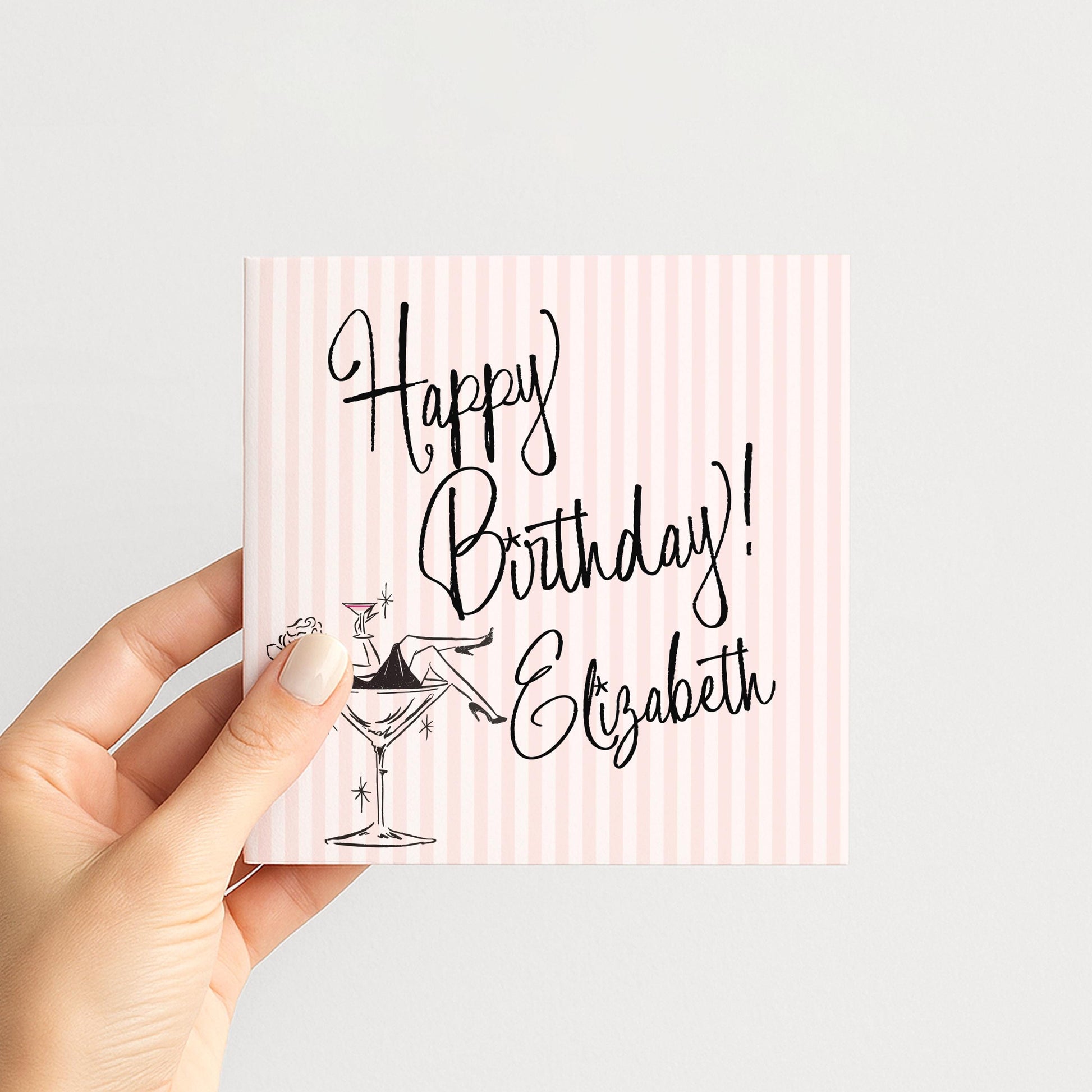Personalised Birthday Card for Her, Modern Pink Striped Happy Birthday Card, Stylish Cocktail Birthday Card with Name