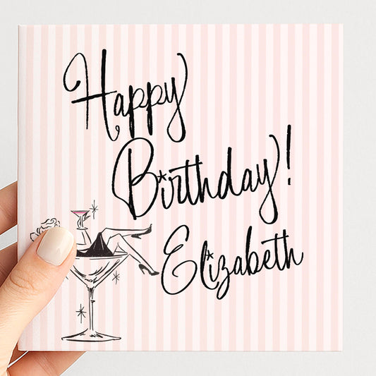 Personalised Birthday Card for Her, Modern Pink Striped Happy Birthday Card, Stylish Cocktail Birthday Card with Name