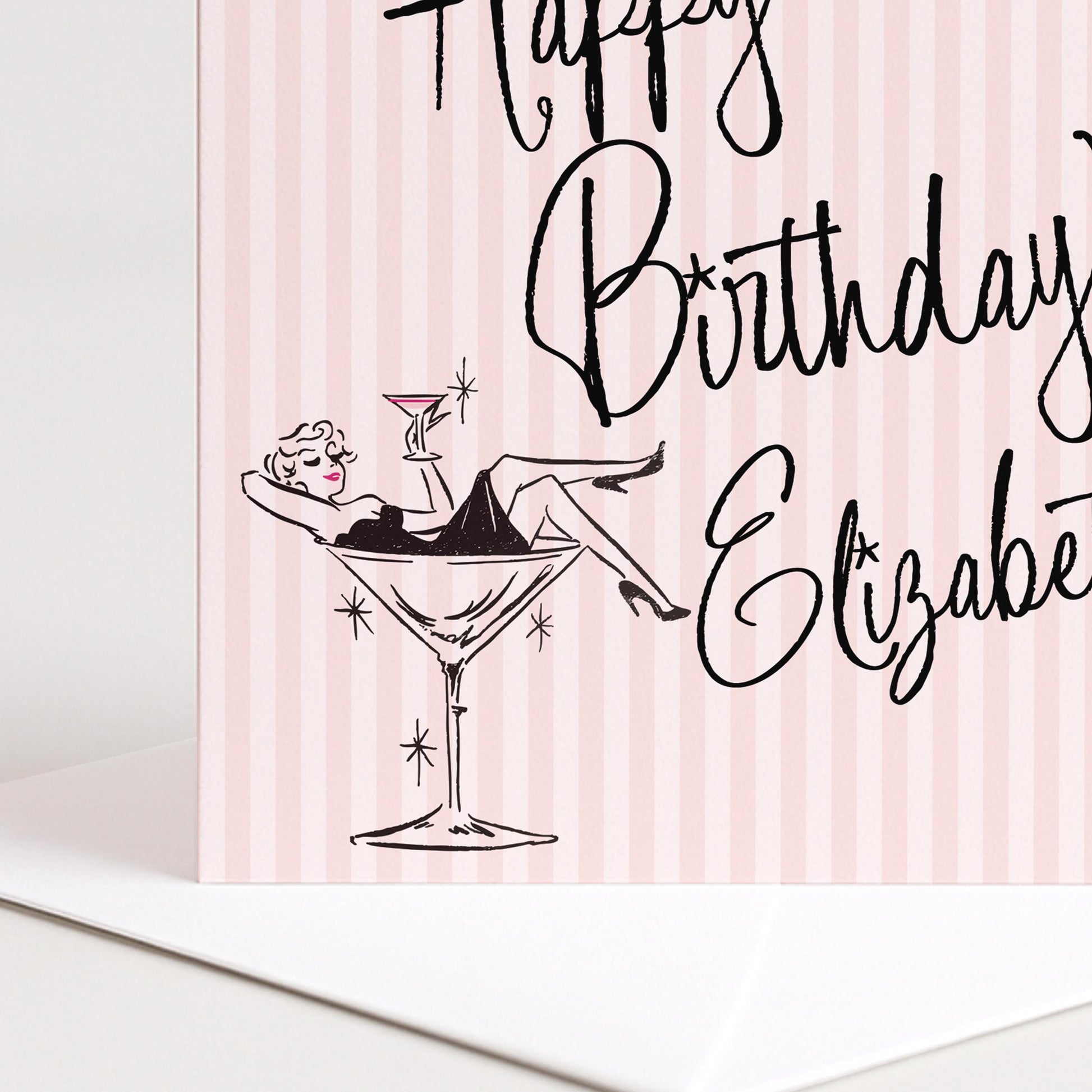 Personalised Birthday Card for Her, Modern Pink Striped Happy Birthday Card, Stylish Cocktail Birthday Card with Name