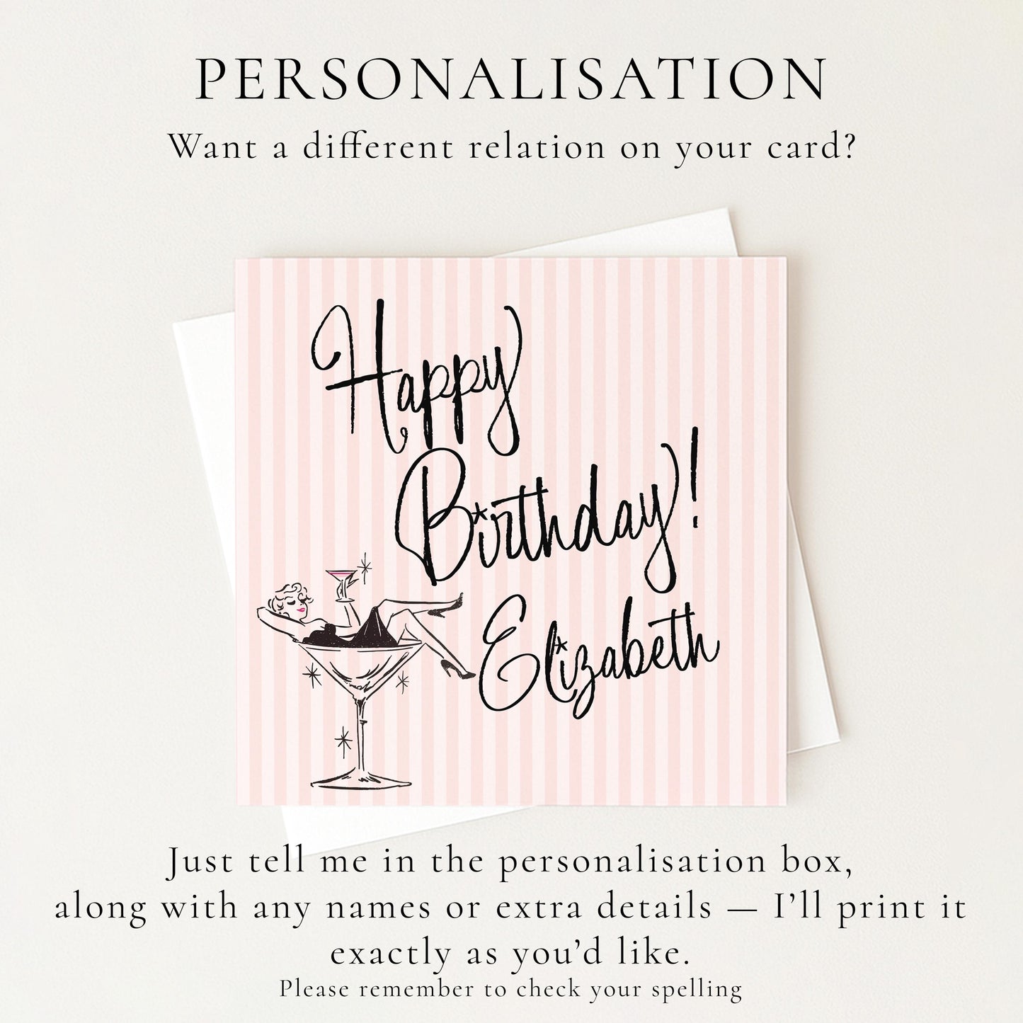 Personalised Birthday Card for Her, Modern Pink Striped Happy Birthday Card, Stylish Cocktail Birthday Card with Name