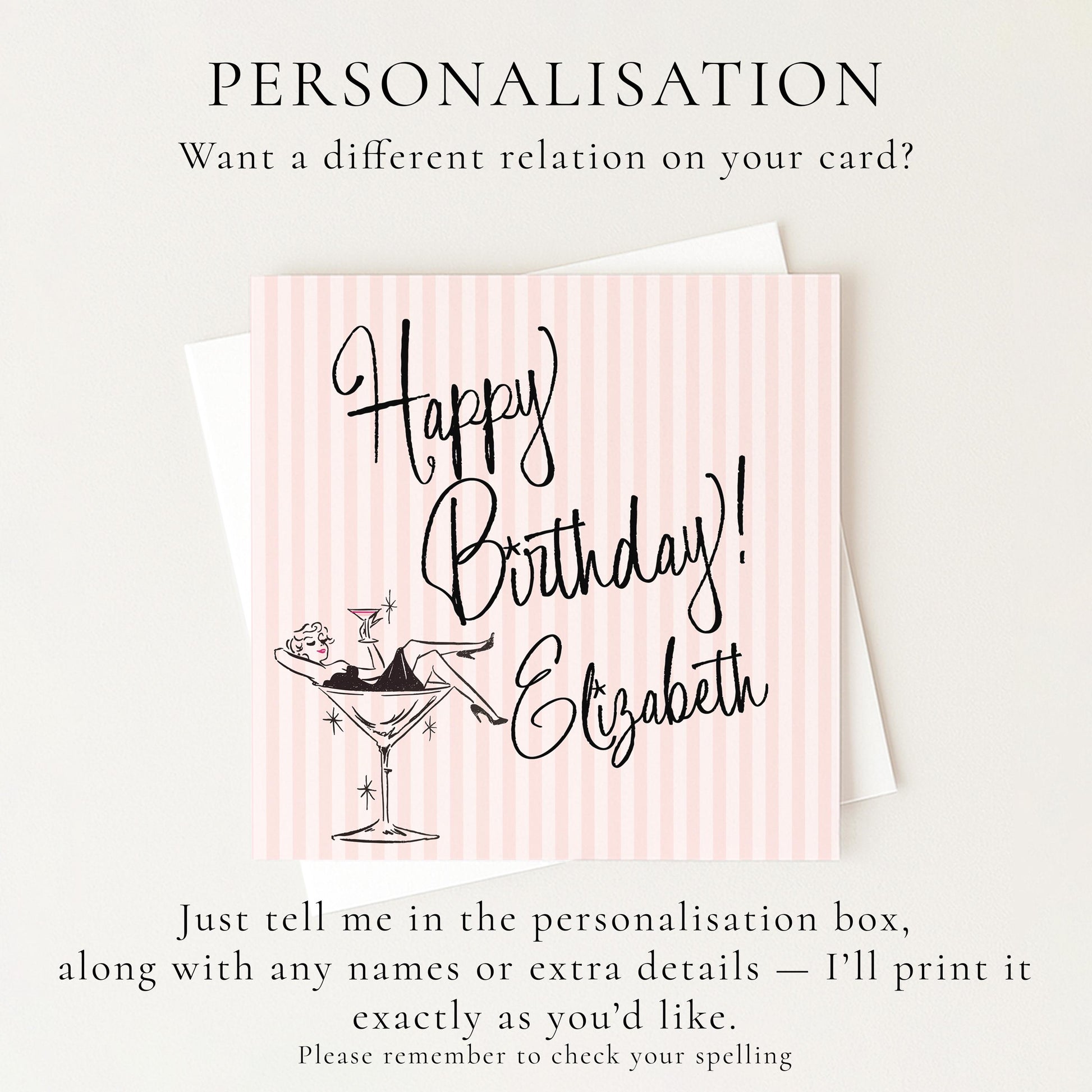 Personalised Birthday Card for Her, Modern Pink Striped Happy Birthday Card, Stylish Cocktail Birthday Card with Name
