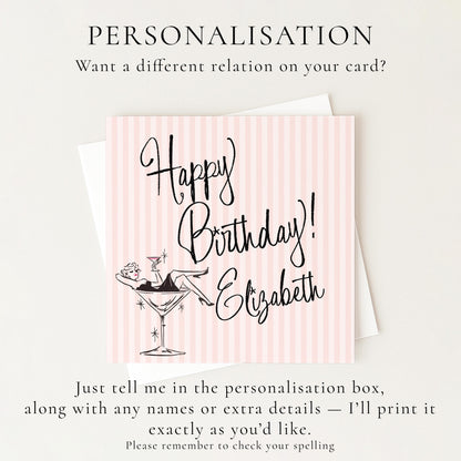 Personalised Birthday Card for Her, Modern Pink Striped Happy Birthday Card, Stylish Cocktail Birthday Card with Name