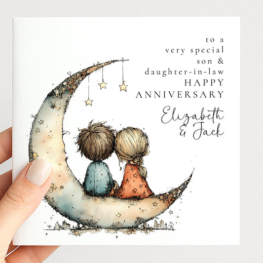 Anniversary Card for Son and Daughter-in-Law, Personalised Anniversary Card, Moon Couple Card, Wedding Anniversary Gift