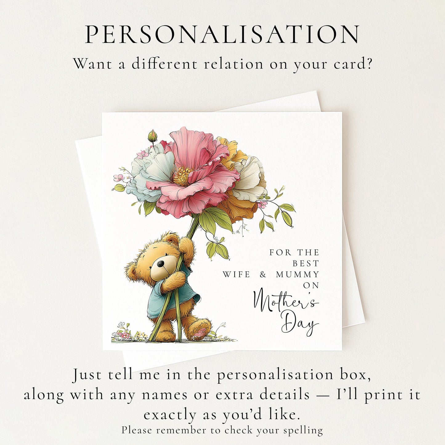 Mothers Day Card for Wife and Mummy, Cute Teddy Bear Mothers Day Card, Personalised Mothers Day Card from Children