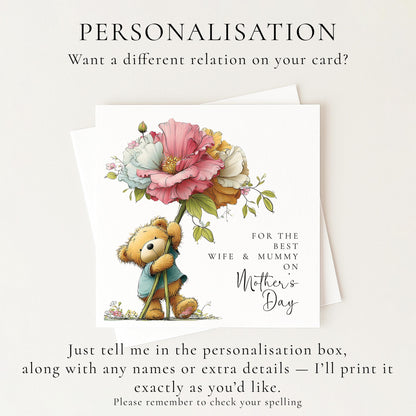 Mothers Day Card for Wife and Mummy, Cute Teddy Bear Mothers Day Card, Personalised Mothers Day Card from Children
